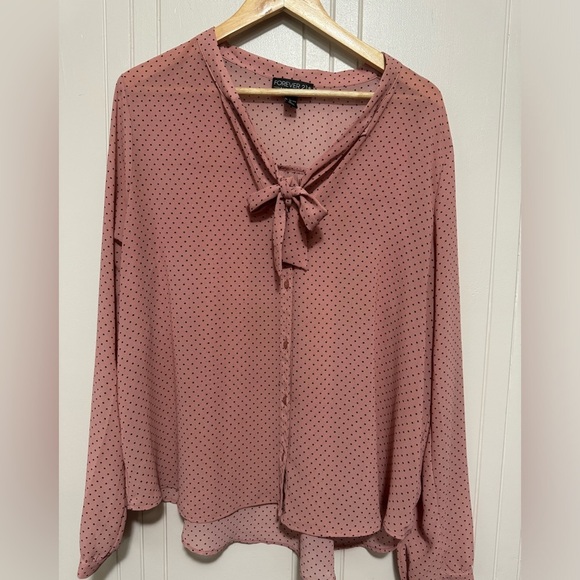 2X Pink and Black Polka Dot Tie Neck Long Sleeve Blouse - Picture 7 of 7